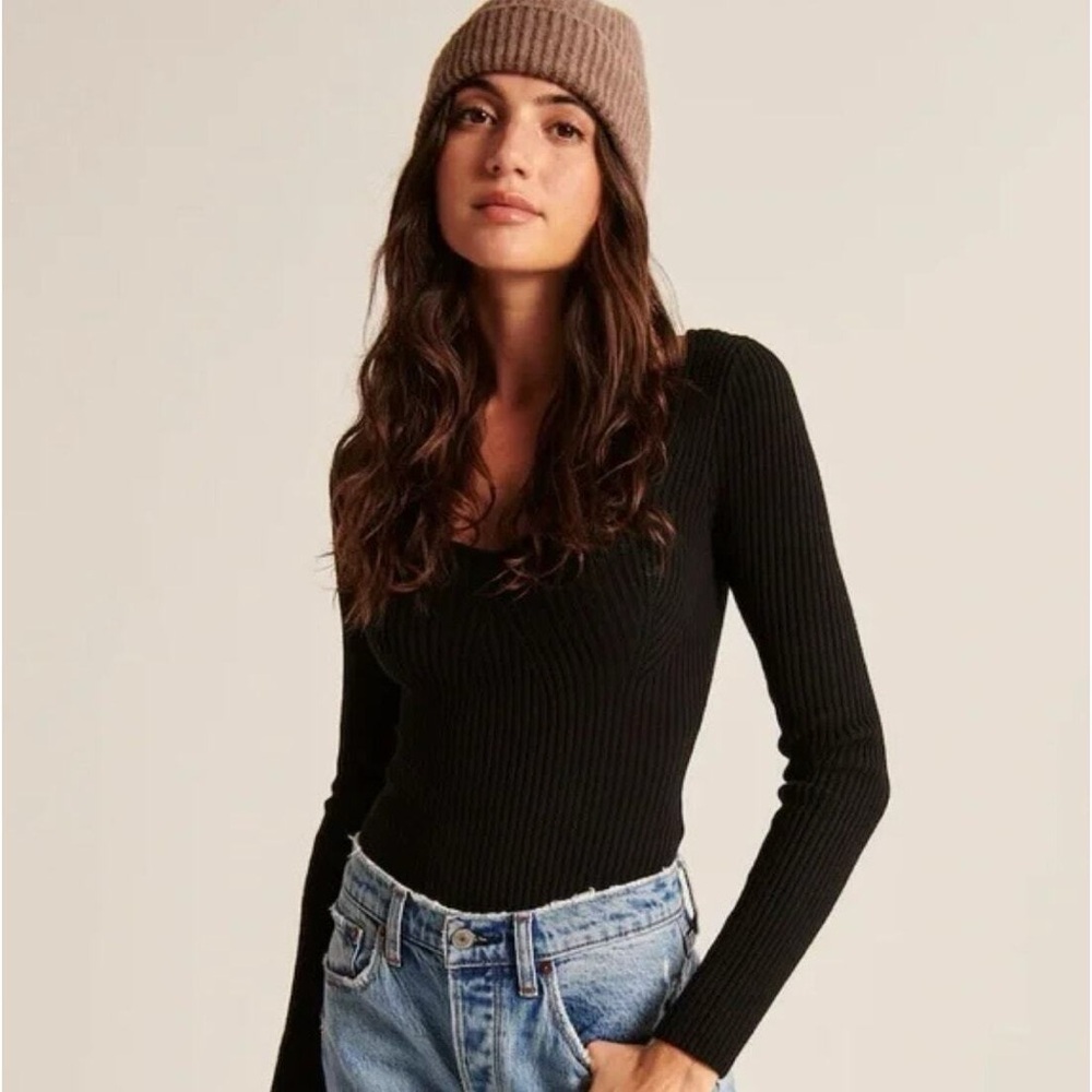 Abercrombie and Fitch Black Ribbed V-Neck Bodysuit Sweater Long Sleeve Small